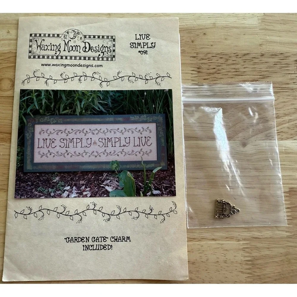 Live Simply, Simply Live Waxing‎ Moon cross stitch pattern Chart w Charm